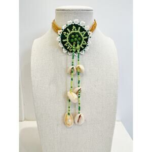 Vintage Cowrie Shell Beaded Leather Choker Necklace Boho Statement